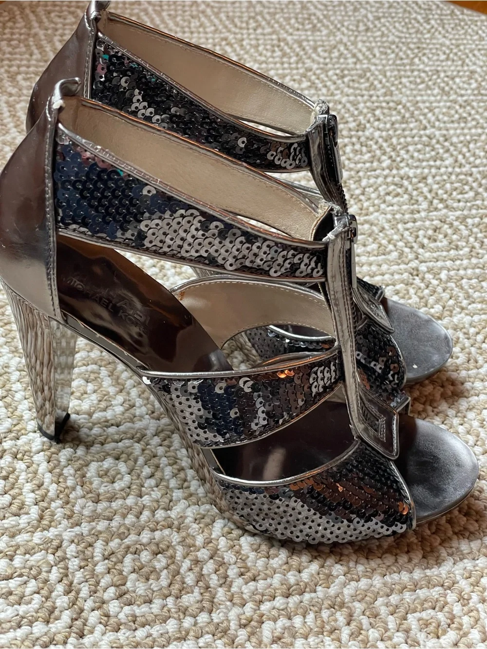 Michael Kors Berkley Sequin T-Strap Heels - Gunmetal Silver Size 9